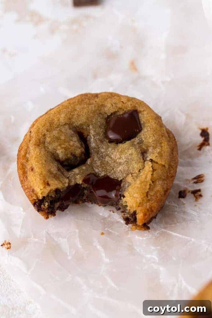 Delightful Mini Crumbl Chocolate Chip Cookie Cups 9 A single warm Crumbl-style chocolate chip cookie cup, showcasing its soft center, melted chocolate, and golden-brown edges.