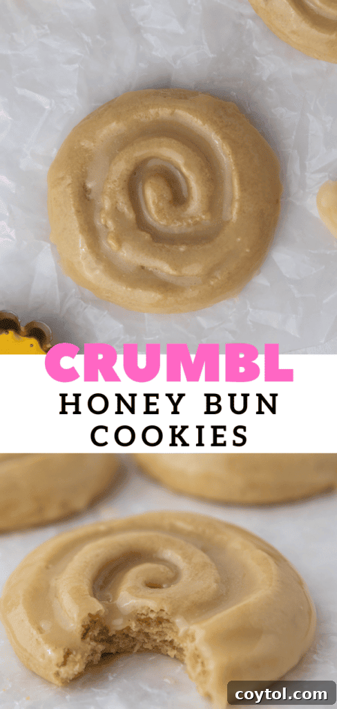Crumbl Honey Bun Cookies: Sweet Perfection 17 Two Crumbl honey bun cookies stacked, with glaze dripping, ideal for pinning.