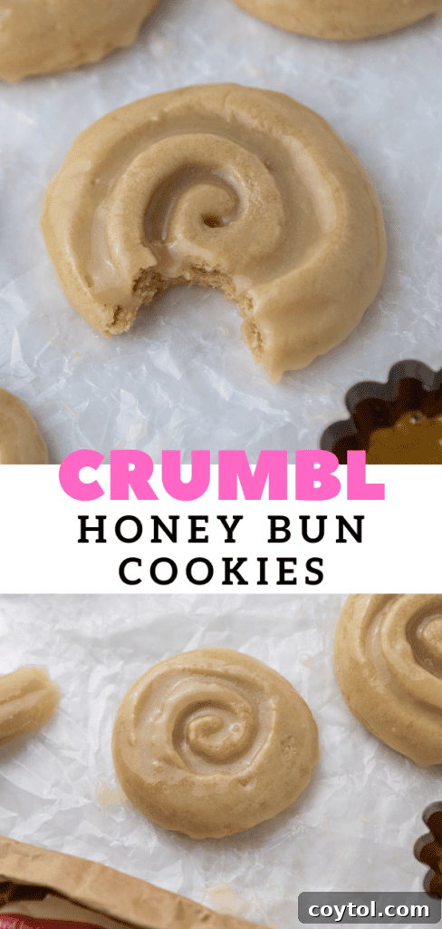 Crumbl Honey Bun Cookies: Sweet Perfection 18 Close-up of a Crumbl honey bun cookie, showing the cinnamon swirl and glossy glaze.