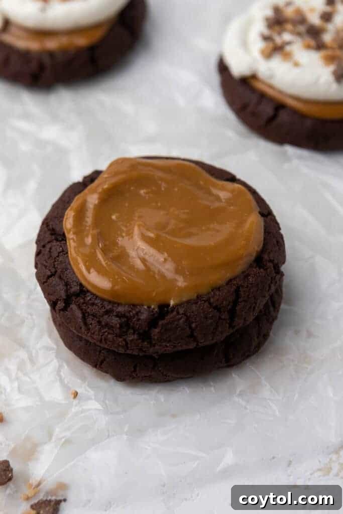 Irresistible Chilled Crumbl Heath Cake Cookies 9 Chocolate cookie with caramel on top