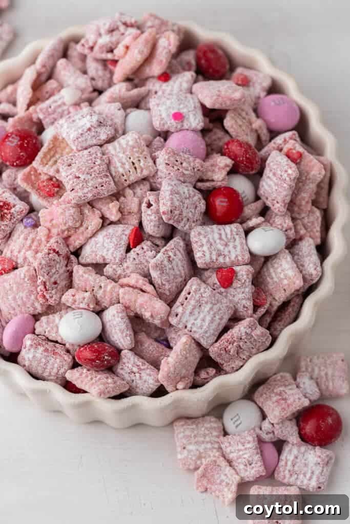 Valentine's day puppy chow in bowl