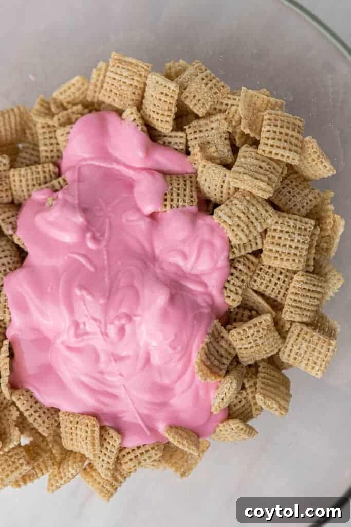 Pink candy melts on Chex cereal