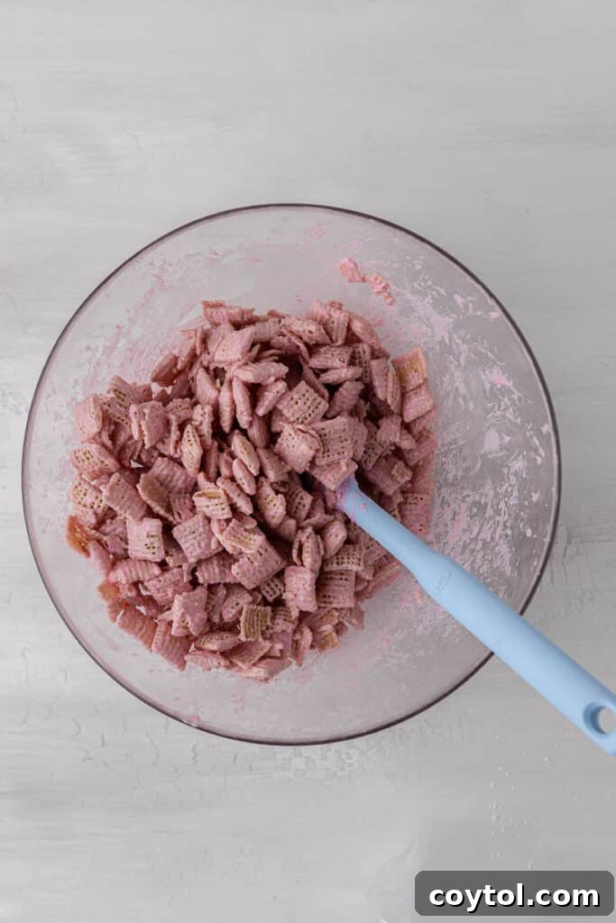 Pink candy melts on Chex cereal