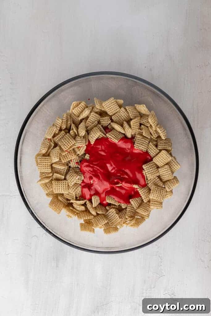 Candy melts on top of Chex cereal 