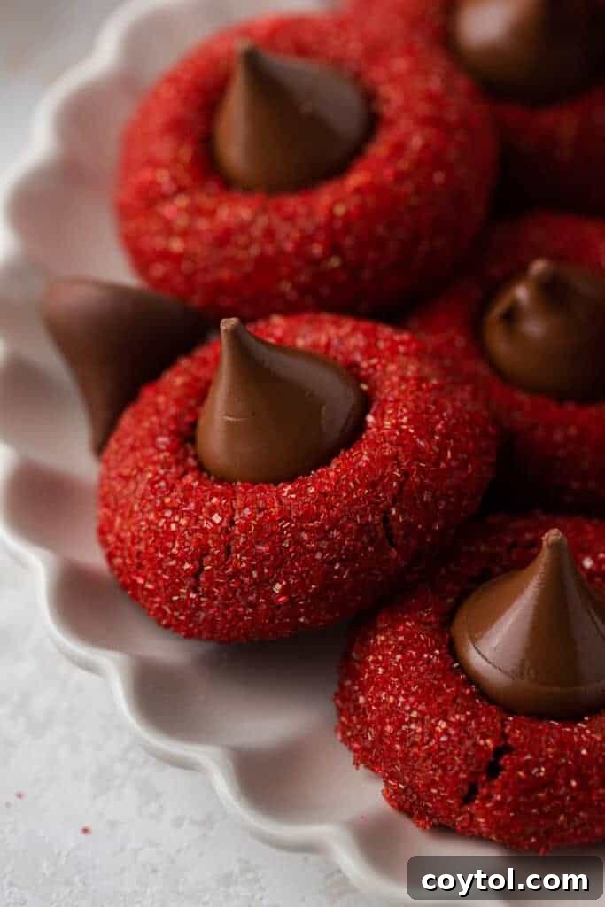 A close-up view of multiple Hershey's Red Velvet Blossoms Cookies arranged artfully