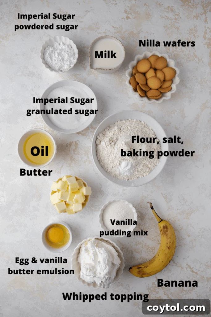 Crumbl's Sublime Chilled Banana Cream Pie Cookies 3 All the ingredients neatly laid out for making Crumbl banana cream pie cookies, including Imperial Sugar products.