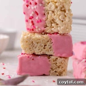Stack of Valentine's day chocolate covered rice krispie treats