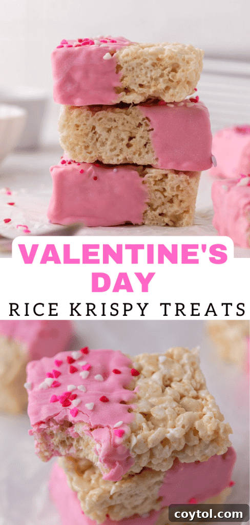 Vertical Pinterest pin image for Valentine's day Chocolate coated rice krispie treats.
