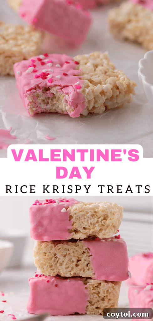 Another vertical Pinterest pin image for Valentine's day Chocolate coated rice krispie treats, with a different angle.