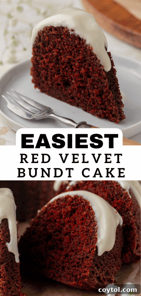 Another enticing view of the rich red velvet bundt cake, topped with a luscious cream cheese glaze.