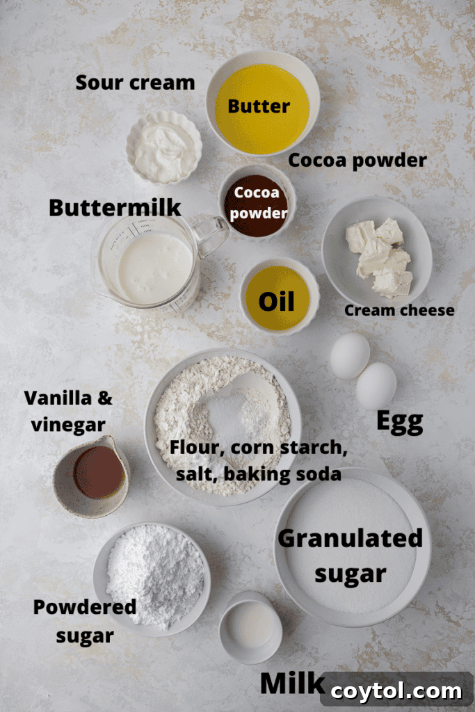 A curated display of all the essential ingredients for making a delicious red velvet bundt cake, ready for baking.