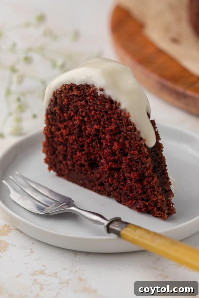 A close-up of a delectable slice of red velvet bundt cake, showcasing its moist texture.