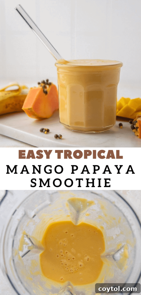 Vibrant Papaya Mango Smoothie in a glass with a straw, perfect for pinning to a recipe board.