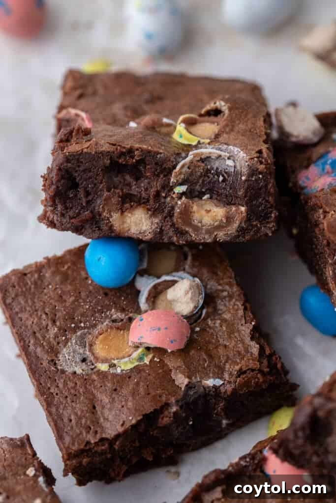 Thick fudgy Easter brownies, glistening with chocolate
