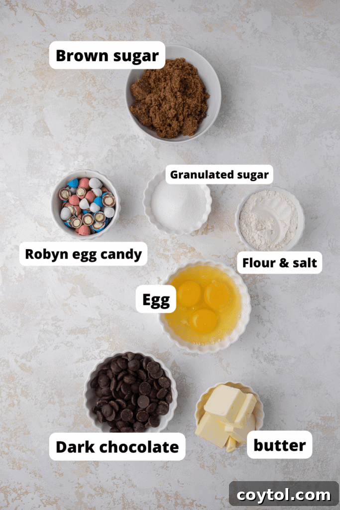 Ingredients laid out for mini egg brownies, including chocolate, butter, and sugars