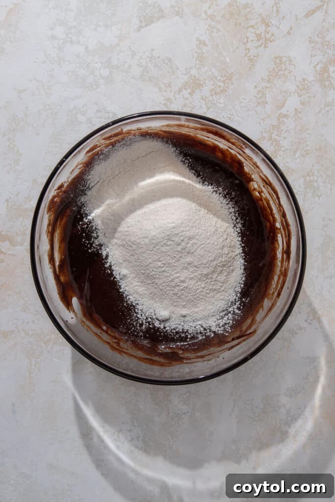 Melted chocolate mixture with flour being added in a bowl