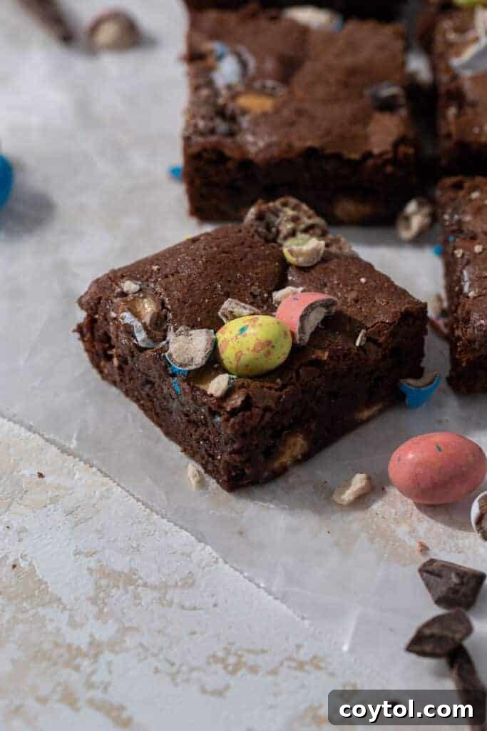 A perfectly sliced mini egg brownie with a fudgy interior