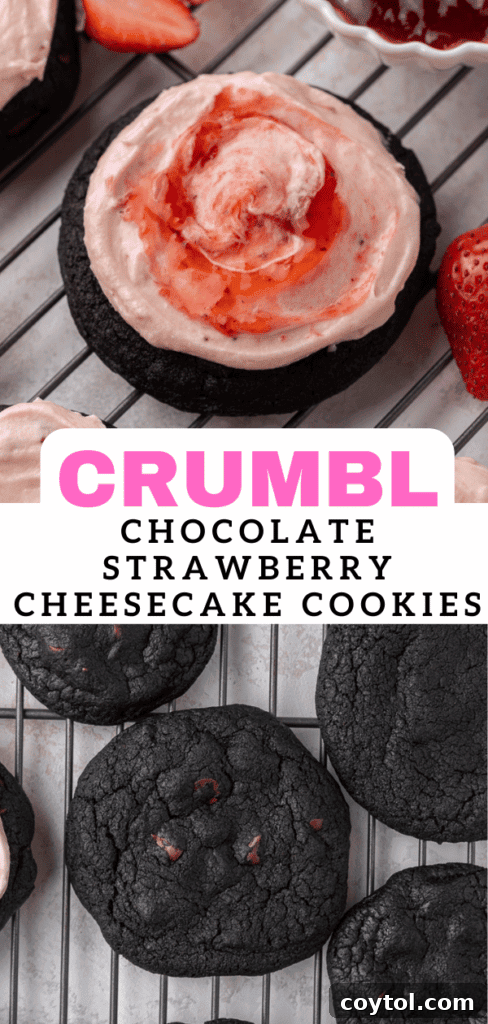 Chilled Strawberry Cheesecake Swirl Chocolate Cookies 16 Crumbl chocolate strawberry cheesecake cookies pin image, showing a beautifully frosted cookie.