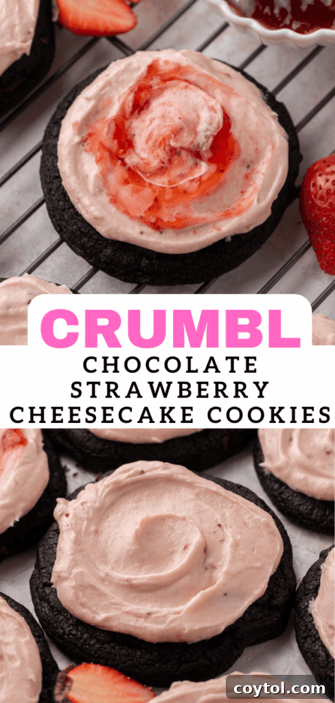 Chilled Strawberry Cheesecake Swirl Chocolate Cookies 17 Close-up of Crumbl chocolate strawberry cheesecake cookies, highlighting the dark cookie base and vibrant frosting.
