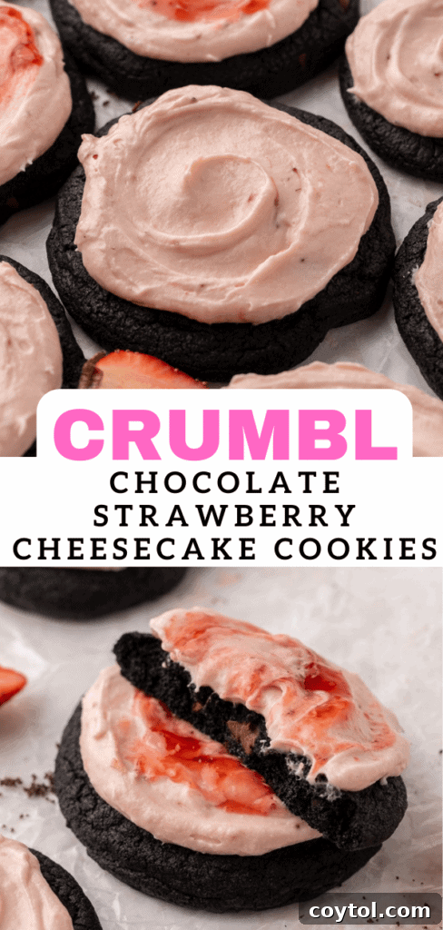 Chilled Strawberry Cheesecake Swirl Chocolate Cookies 18 Crumbl chocolate strawberry cheesecake cookies on a cooling rack, ready to be pinned.