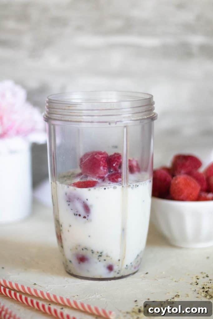 Valentine's day healthy smoothie ingredients in the blender