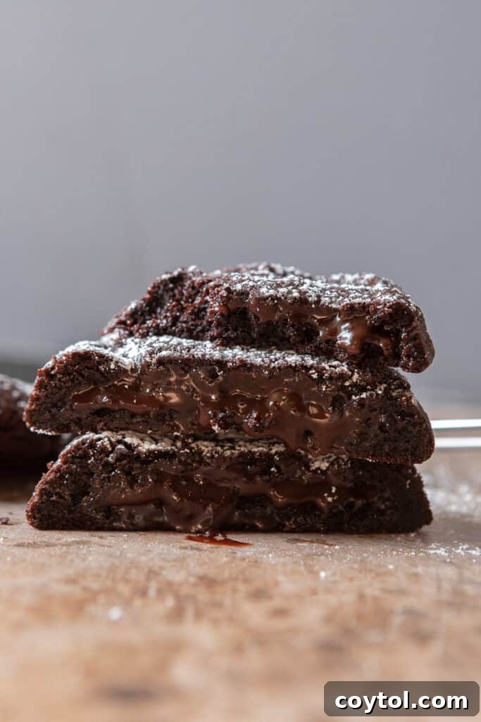 Stacked molten lava cookies with a gooey center