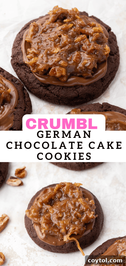 A stunning pin-ready image of a Crumbl German Chocolate Cake Cookie, highlighting its rich frosting.