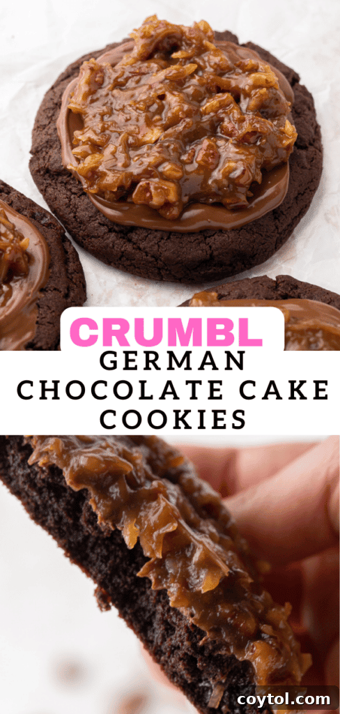 Another beautiful pin-ready image showcasing the delicious homemade Crumbl German Chocolate Cake Cookies.