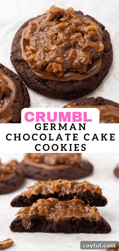 A final captivating pin-ready image of the ultimate Crumbl German Chocolate Cake Cookies, perfect for sharing.