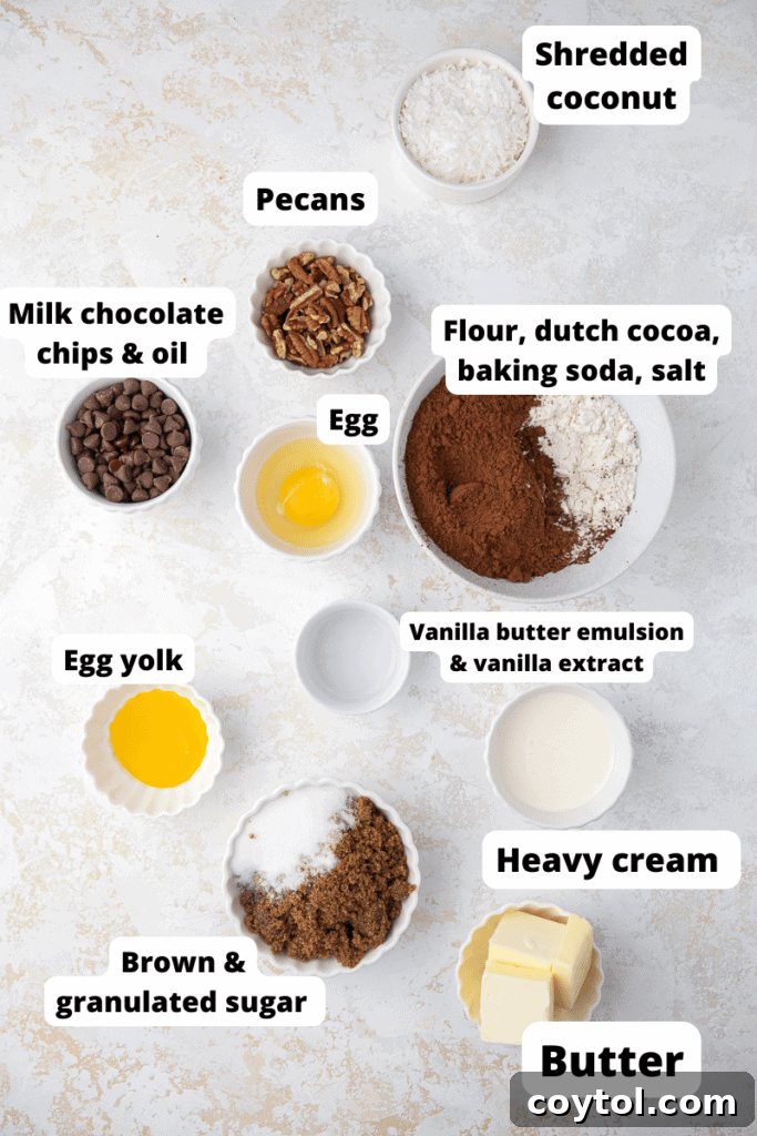 A flat lay showing all the fresh ingredients needed for Crumbl German Chocolate Cake Cookies, including butter, sugar, eggs, flour, cocoa, coconut, and pecans.