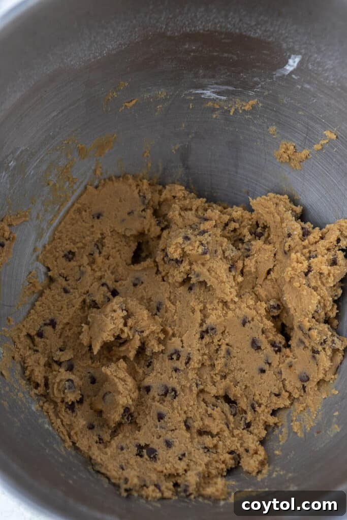 brown sugar cookie dough in mixing bowl 