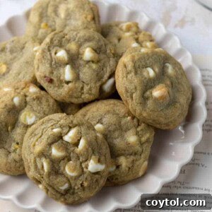 Pistachio pudding white chocolate chip cookies on a plate