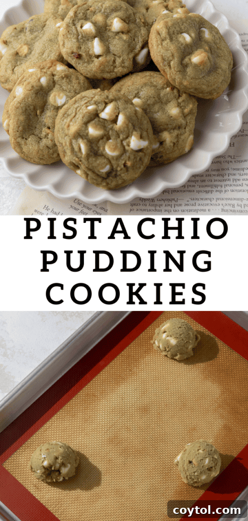 Pistachio pudding cookies with a festive green theme.