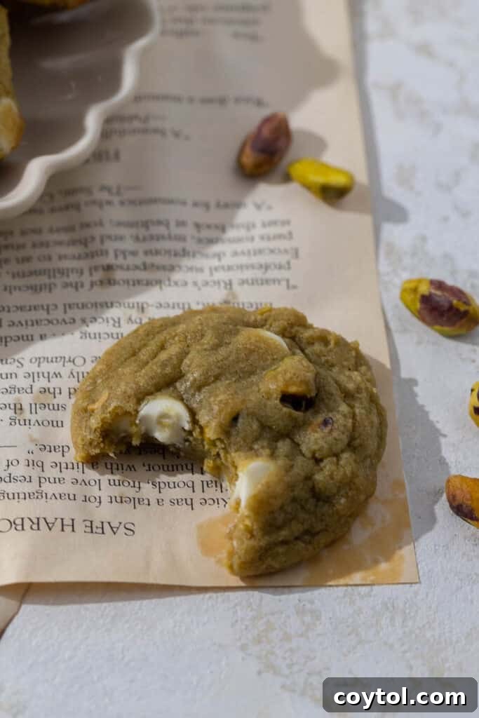 A thick pistachio cookie with a bite taken out, revealing its soft interior and chocolate chips.