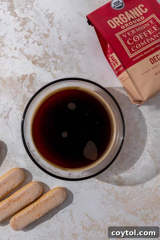 Lazy Caramel Macchiato Tiramisu Cups 6 Strong brewed coffee in a bowl for ladyfinger dipping