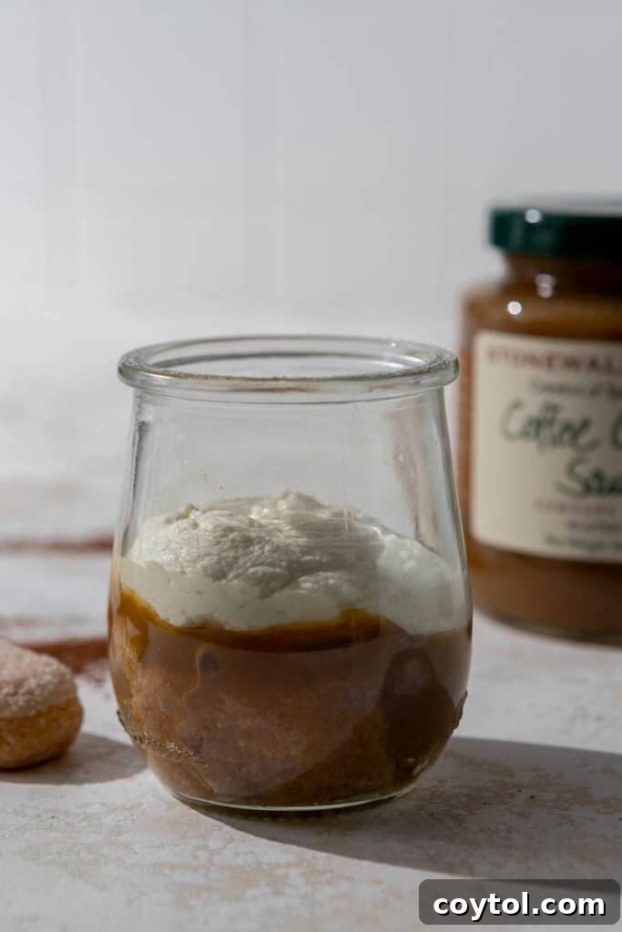 Lazy Caramel Macchiato Tiramisu Cups 8 First layer of coffee-soaked ladyfingers, caramel, and mascarpone cream in a cup