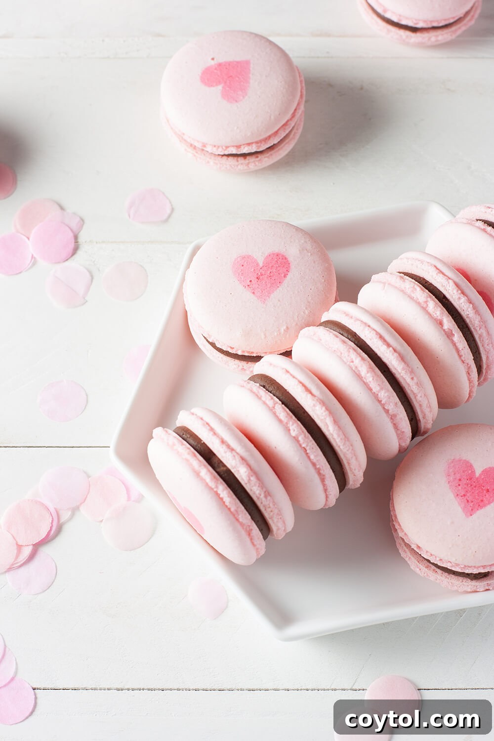18 Irresistible Valentine's Day Cookie Ideas 11 Delicate pink Valentine's Day macarons filled with rich chocolate ganache and decorated with a darker pink heart.