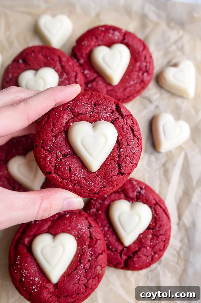 18 Irresistible Valentine's Day Cookie Ideas 12 Irresistible red velvet sugar cookies topped with white chocolate hearts, a perfect dessert for two on Valentine's Day.