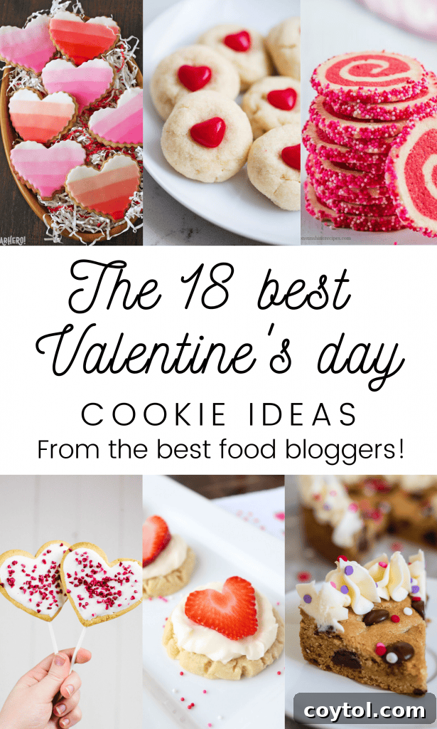 18 Irresistible Valentine's Day Cookie Ideas 29 A Pinterest-friendly collage image titled 'The Best 18 Valentine's Day Cookies' with various cookie photos.