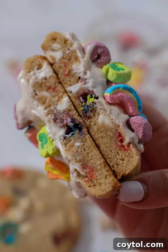 Thick cereal cookie cut in half