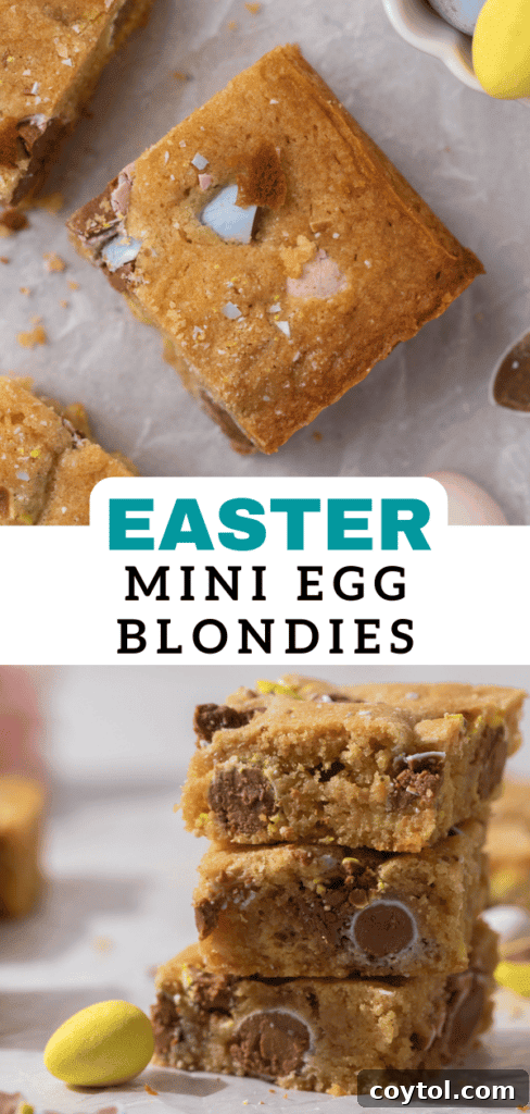 Pin image: Stack of chewy Mini Egg Blondies showing off their texture