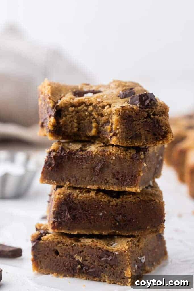 Irresistible Brown Butter Chocolate Chip Blondies 14 Straight on shot of brown butter blondies with a warm glow