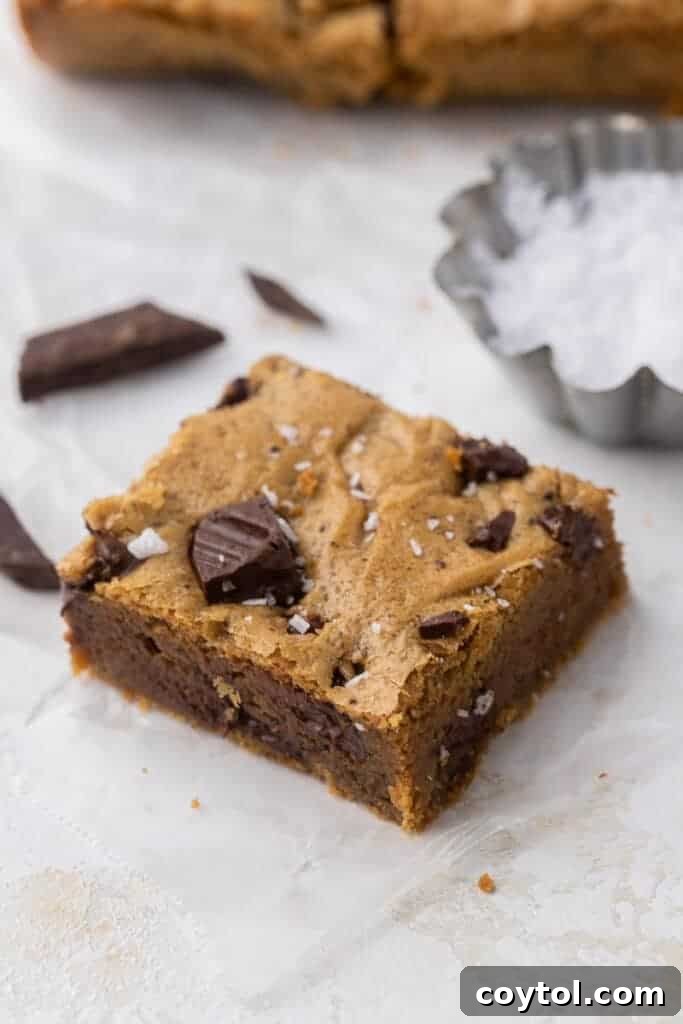 Irresistible Brown Butter Chocolate Chip Blondies 6 A single brown butter blondie bar, showcasing its moist texture and golden hue