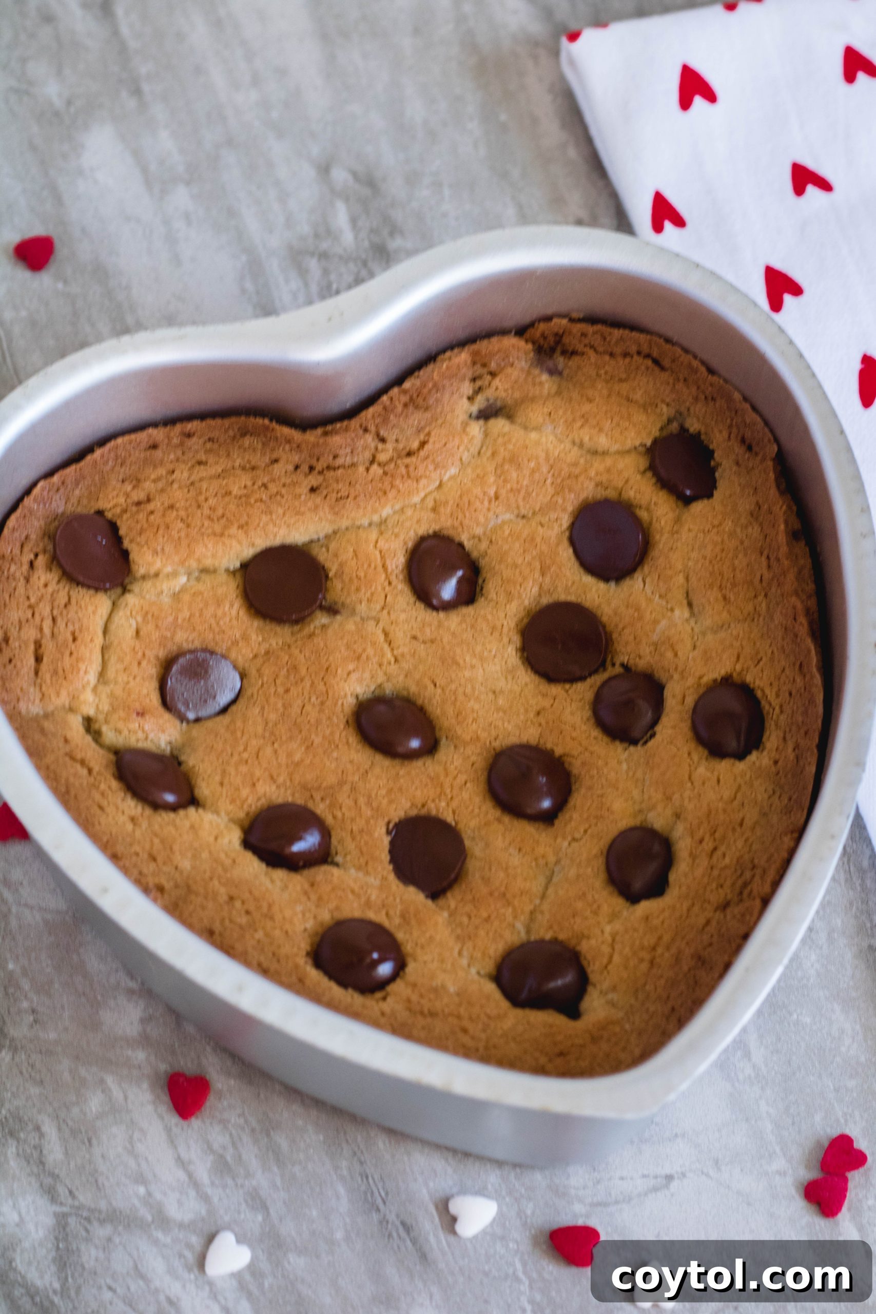 Freshly baked cookie cake for Valentine's Day, golden brown and delicious