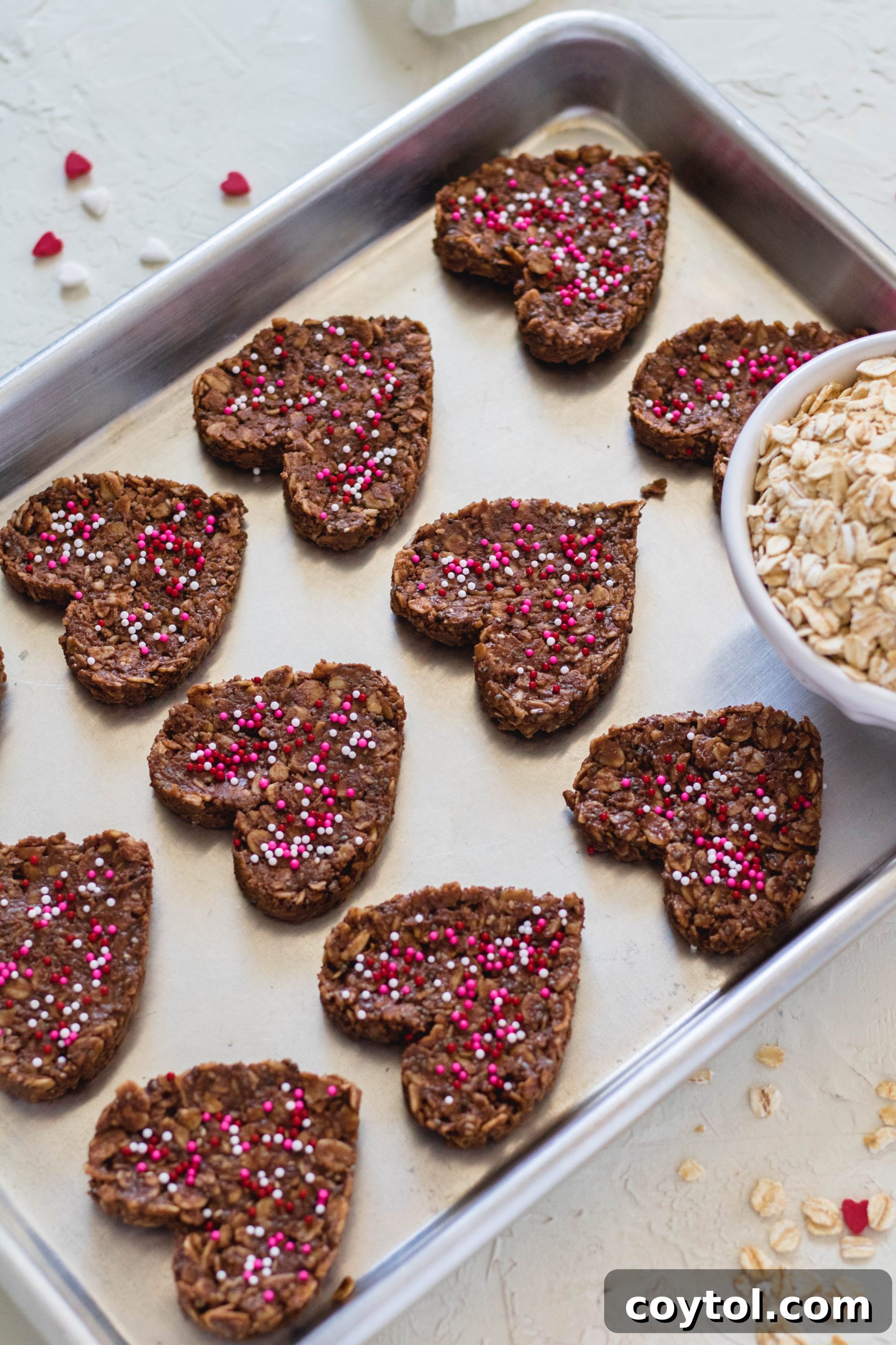 Heart-Healthy No-Bake Valentine's Delights 7 Healthy No Bake Cookies on baking sheet with oats
