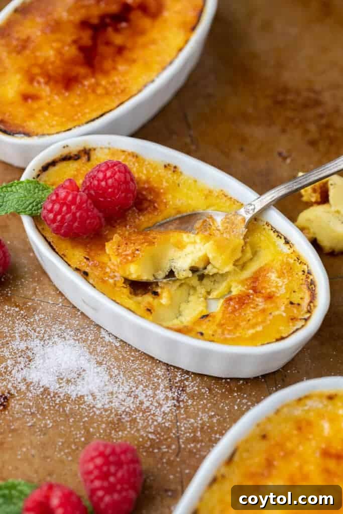 Effortless Indulgence: 3-Ingredient Creme Brulee & Ice Cream 4 Close-up of a three-ingredient crème brûlée, highlighting its glossy, golden caramelized topping