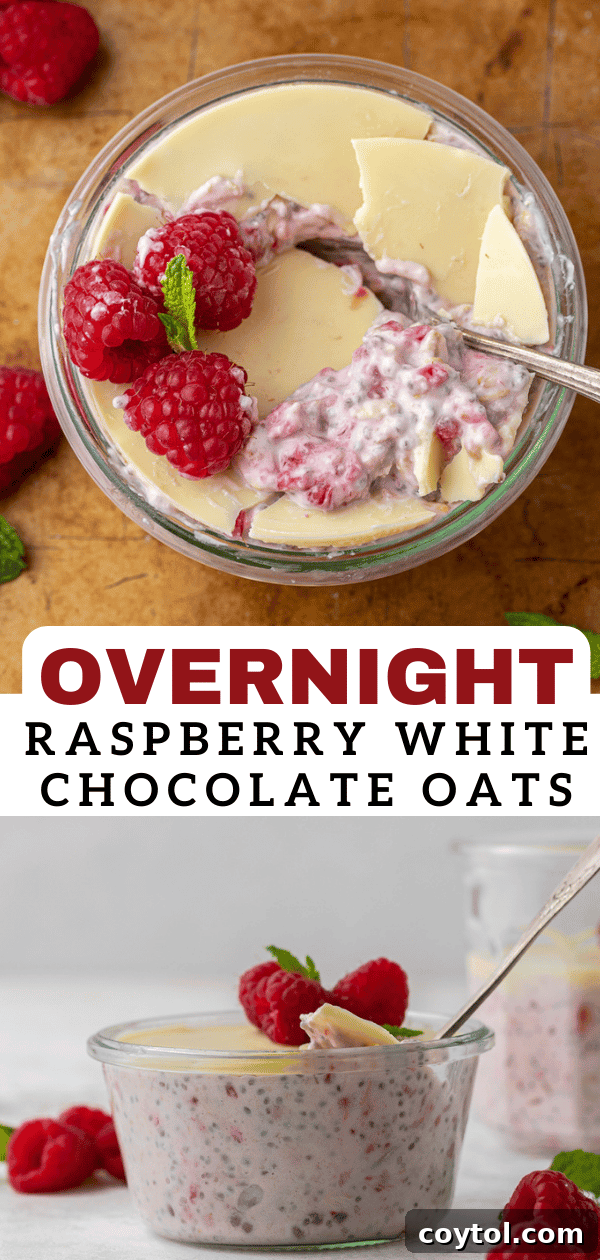 Another pin-friendly image of overnight raspberry oats, showcasing the delicious layers.