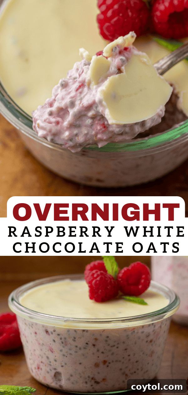 A third Pinterest-optimized image of overnight raspberry oats, enticing viewers to try the recipe.