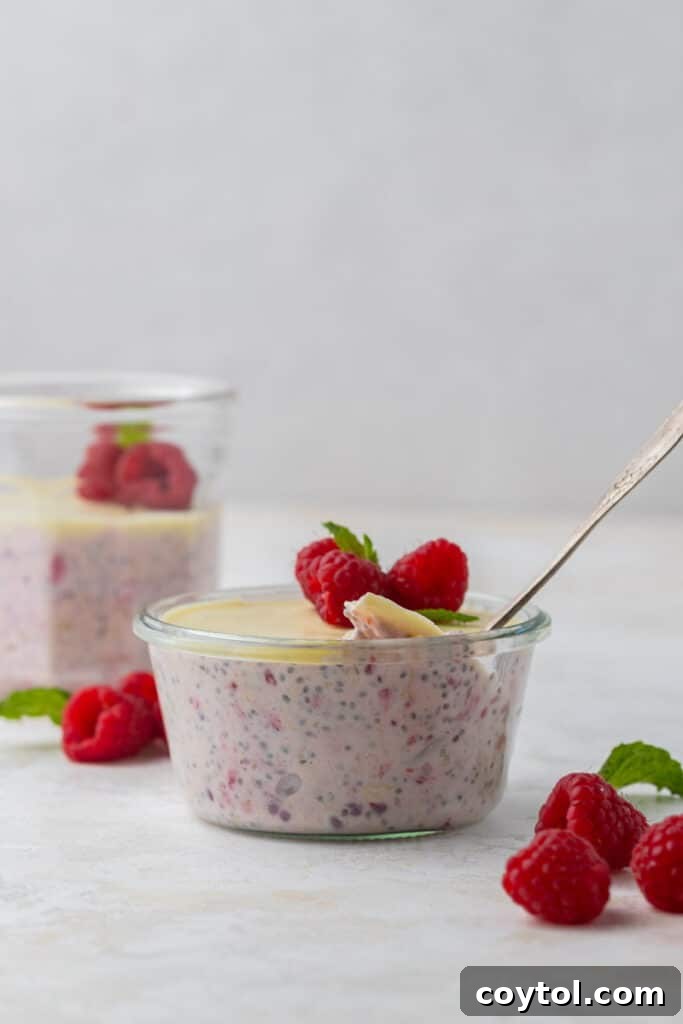 A single serving of pink-hued overnight oats with raspberries in a cup.