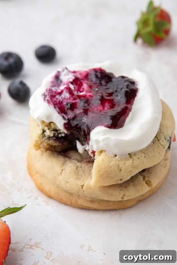 Two Berries and Cream Cookies stacked on top of each other, showcasing the whipped cream and fresh berries, ready to be enjoyed.